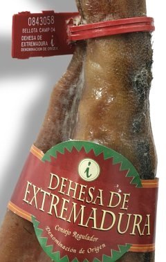 Gütesiegel (Plastik) und Banderole (Papier) die die Bellota-Qualität Jamon bescheinigen, mit der Herkunftsbezeichnung Dehesa de Extremadura
